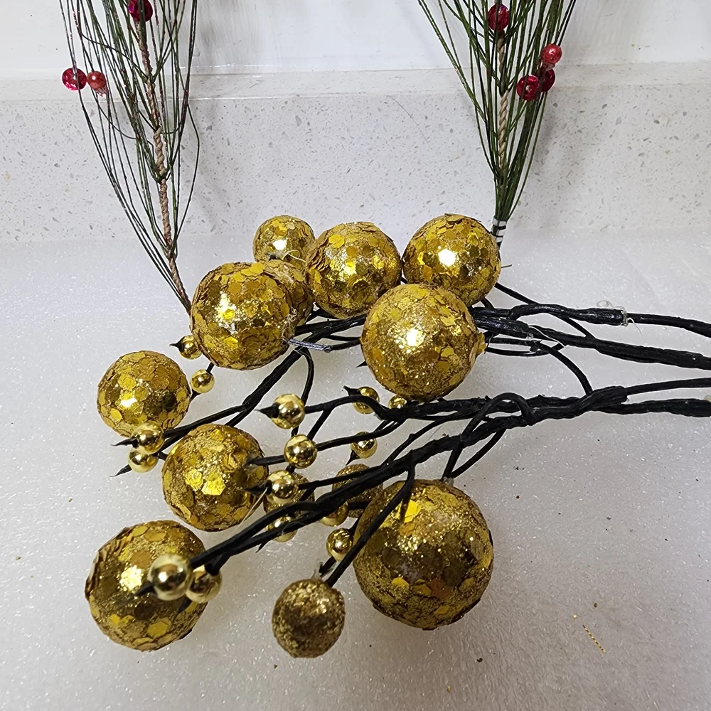 Vintage Festive Gold and Red Berry Branches 4 Pieces